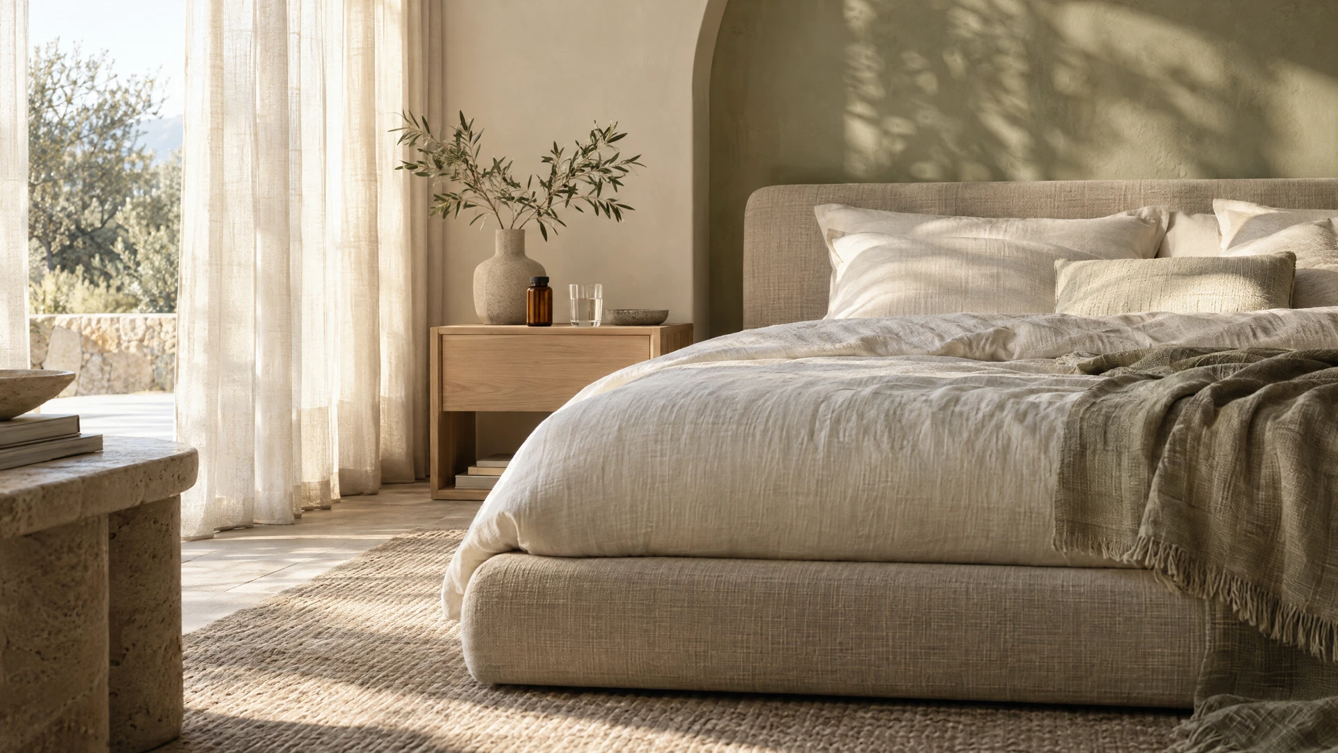 Illustrative bedroom and nutrition products in warm natural light
