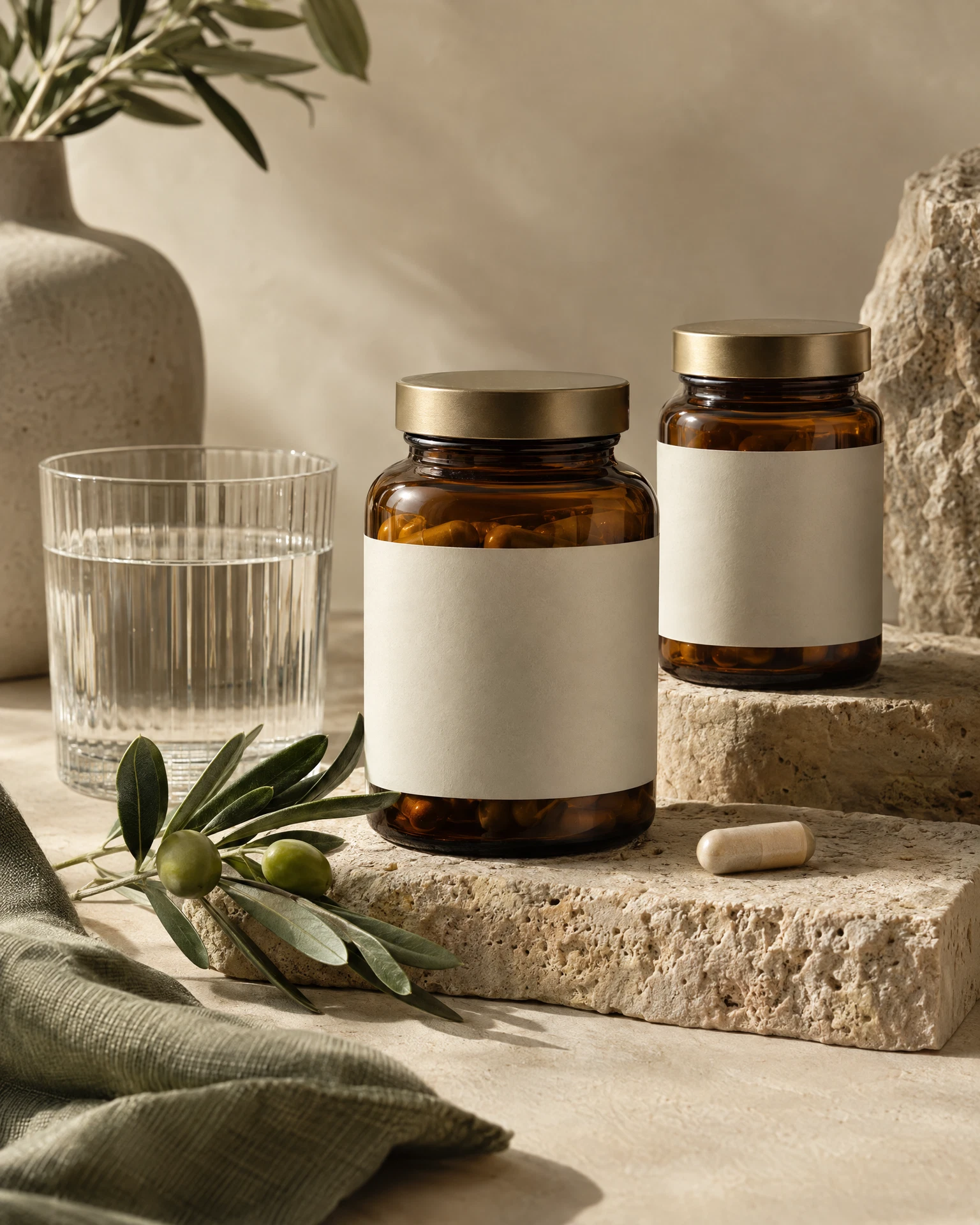 Illustrative amber supplement jars and a glass of water