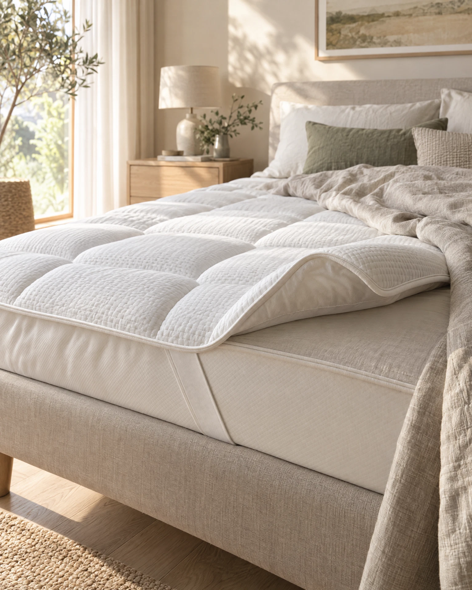 Illustrative white mattress topper layered over a bed